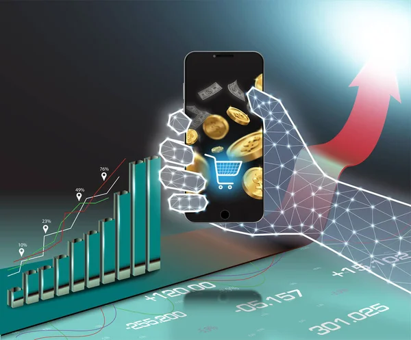 Parlayan bir el, arkasında para akan bir telefonu grafik ve ok çizgileri gibi tutar..