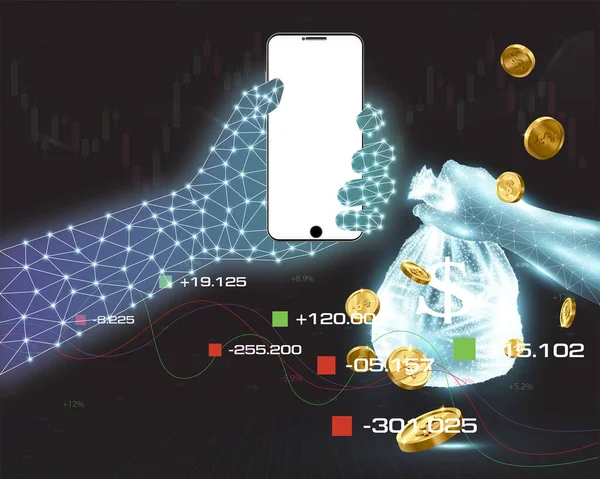 Işıldayan bir el bir cep telefonu kaldırır, beyaz bir ekran ve kenarlarından para uçar..