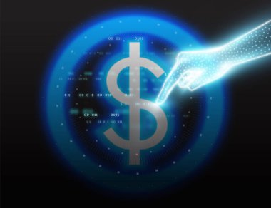 Mavi, parlayan bir dolar işaretini gösteren el.