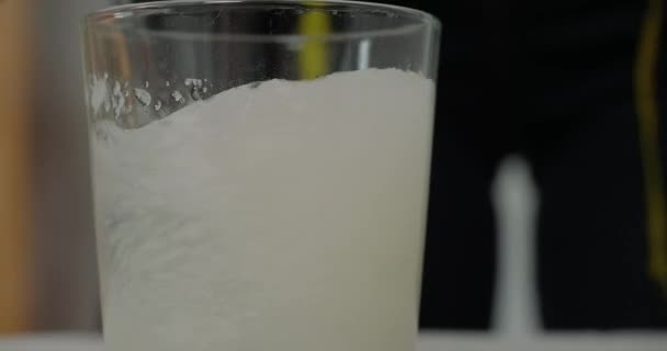 Woman Makes Glue Mixing Liquid Spoon Glass Standing Table Milliner — Αρχείο Βίντεο