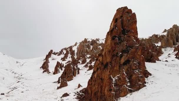 Sharp Bare Rocks Formed Slopes Caucasus Mountains Winter Cloudy Sky — Wideo stockowe