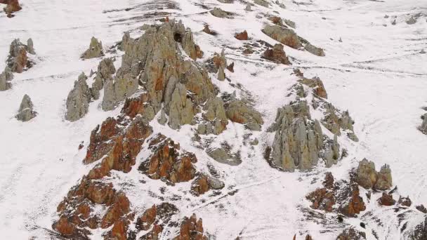 Bare Rocky Peaks Caucasus Mountains Surrounded White Snow Giant Mountain — Wideo stockowe