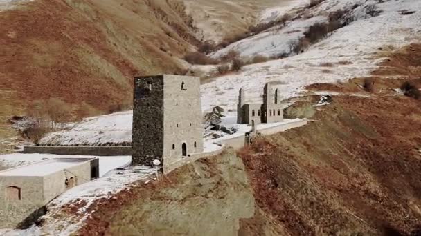 Ancient Fortress Buildings Castles Slopes Snowy Caucasus Mountains Old Architecture — Stock Video