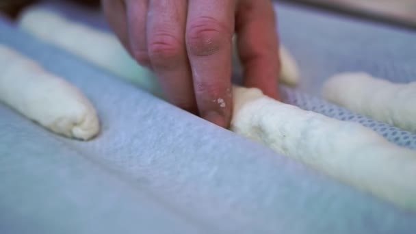 Руки Чоловічого Пекаря Розміщують Коригують Біле Тісто Пергаментному Папері Ребристому — стокове відео
