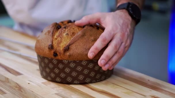 Baker Touches Browned Pastry Crust Fingers Professional Cook Pierces Easter — Stock Video