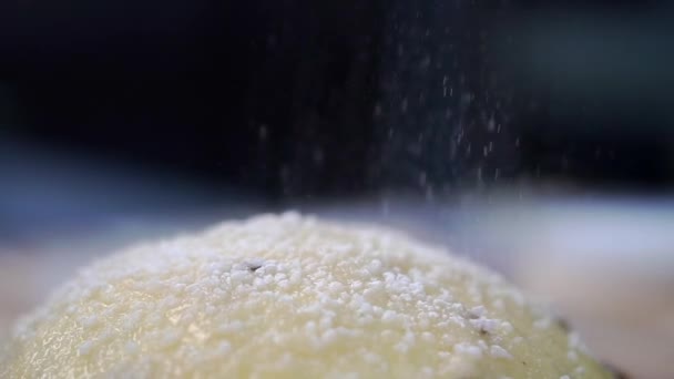 白粉砂糖をペストリーに振りかけた ベーカリーで甘い小麦粉製品の調理 キッチンマクロでおいしいお祝い料理の装飾 — ストック動画
