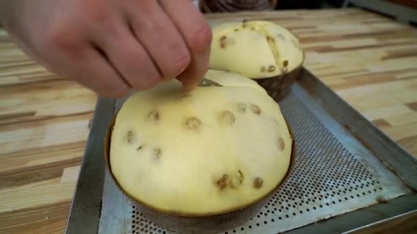 男性のパン職人は 丸みを帯びた生地をナイフで上に横切ります イースターの休日のクローズアップのお祝いのためのおいしいバターペストリーを準備するプロセス — ストック動画