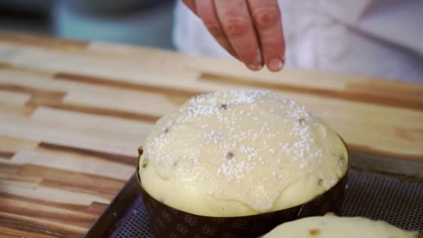 Male Confectioner Sprinkles Coconut Shavings Raw Dough Cake Raisins Decorating — Stock Video