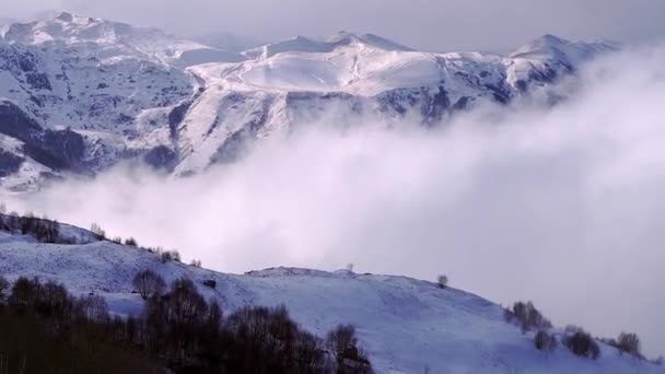 寒い冬の日にコーカサス山脈の峠に濃霧が降ります 曇り空の下 高原の斜面には雪の峰や乾いた草があります — ストック動画