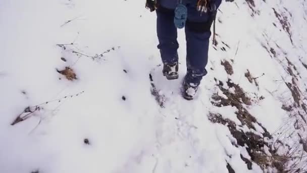 Montañista Con Equipo Camina Ladera Nevada Las Tierras Altas Hombre — Vídeos de Stock