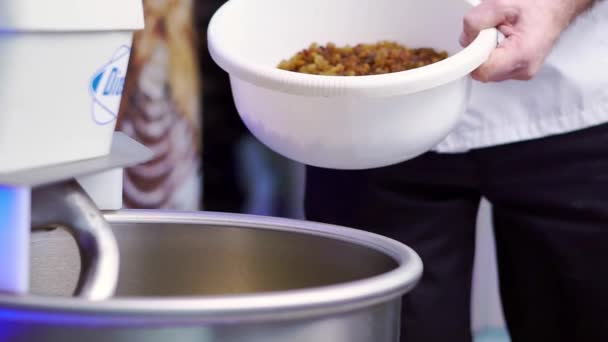 Baker Chef Coat Throws Raisins Container Dough Mixer Cooking Delicious — Stock Video