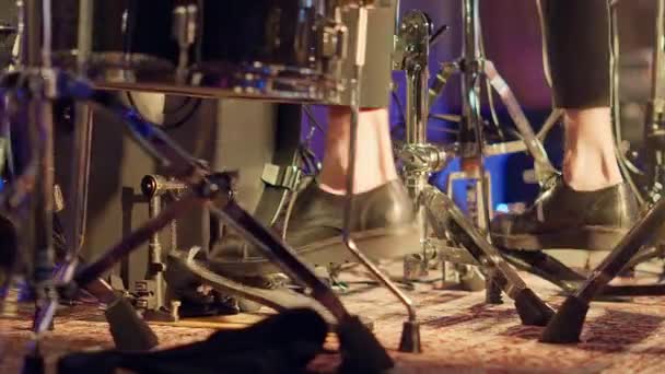 Drummer Feet Put Pedals Beat Drums Stage Concert Closeup Musician — Stock Video
