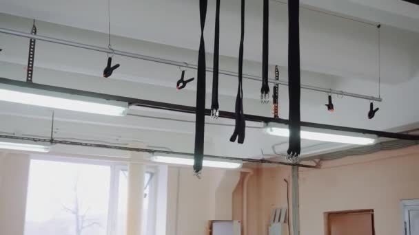 Long Slings Metal Clamps Bar Clothespins Ceiling Parachute Making Workshop — Stock Video