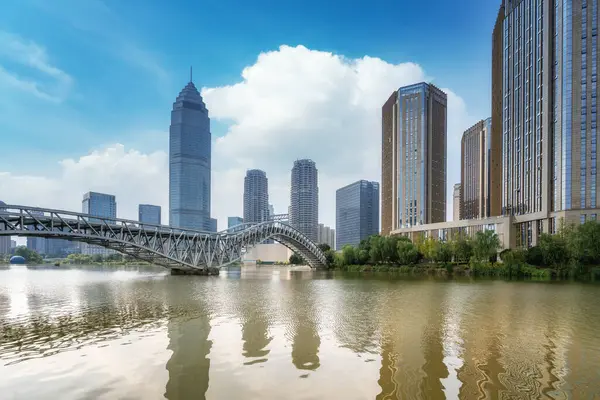 stock image Modern city high-rise buildings, night view of Shaoxing Central 