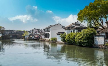 Suzhou antik kasabasındaki eski binaların sokak manzarası