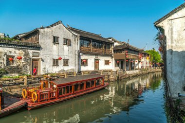 Suzhou antik kasabasındaki eski binaların sokak manzarası