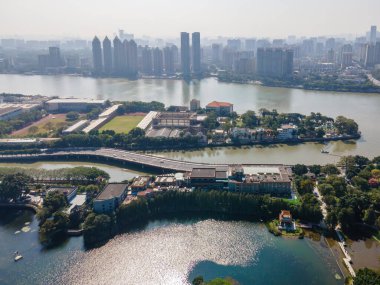 Guangzhou, Çin 'in mimari manzarasının hava fotoğrafçılığı.