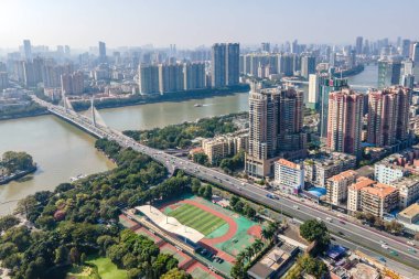 Guangzhou, Çin 'in mimari manzarasının hava fotoğrafçılığı.