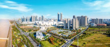 Hangzhou şehir modern mimarisinin hava fotoğrafçılığı