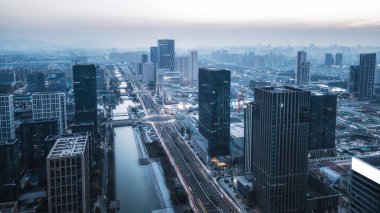 Ningbo 'nun mimari manzarasının hava fotoğrafçılığı 