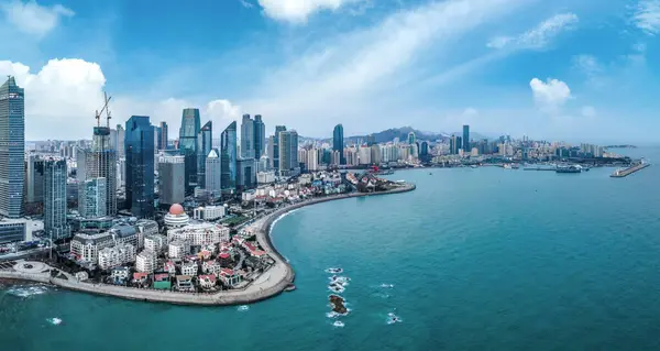 stock image Aerial photography of Qingdao urban landscape at night