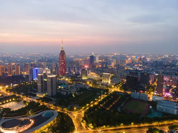 stock image Aerial photography Changzhou city building skyline night view