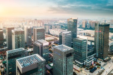 Ningbo 'nun kentsel mimari siluetinin hava fotoğrafçılığı,