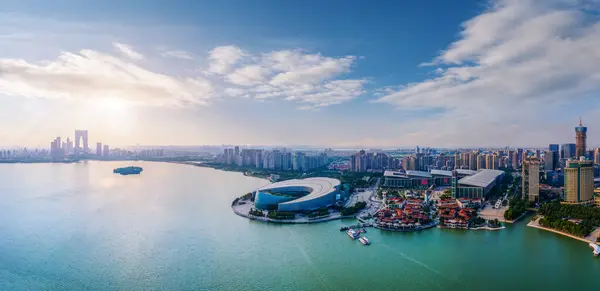 stock image Aerial panoramic view of the skyline of Suzhou Lake East Financi