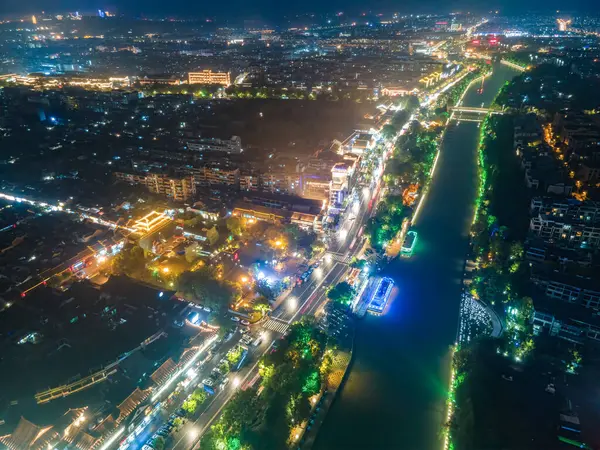 stock image Aerial photography of the night view of Dongguan Street in Yangz