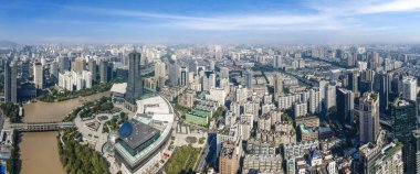 Hangzhou şehir mimarisinin hava fotoğrafçılığı gökyüzü