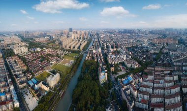 Zhangjiagang şehir manzarasının hava fotoğrafçılığı