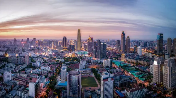 stock image Aerial photography of Tianjin city building skyline night view