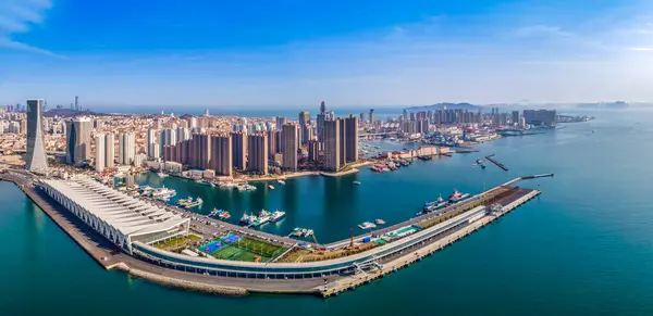 stock image Aerial photography of Qingdao's western coastline port wharf