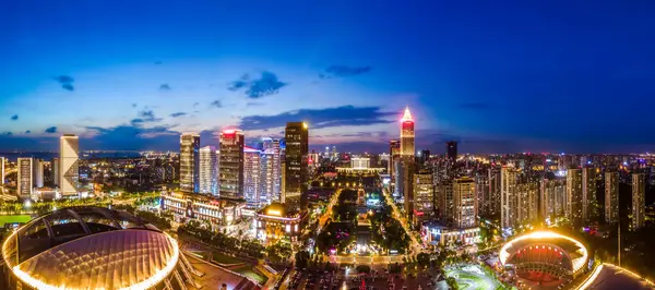 stock image Aerial photography of the night view of Nantong Financial Center