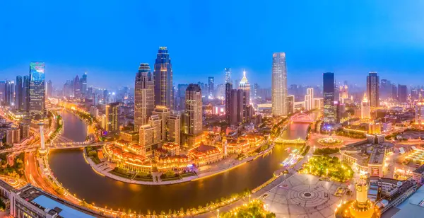 stock image Aerial photography of skyline night scene of Tianjin urban archi