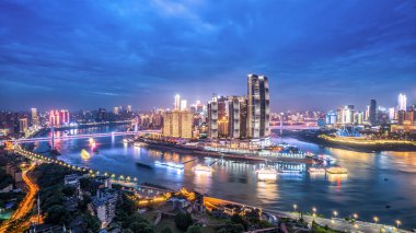 Sichuan ve Chongqing şehir gece görüşünün hava fotoğrafları.