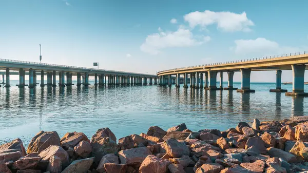 Qingdao, Çin 'de modern köprü inşaatı.