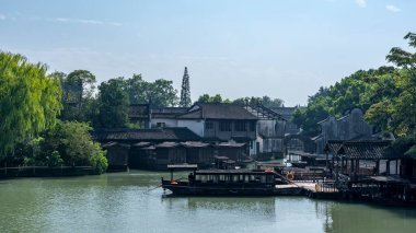 Wuzhen, Çin 'deki sokak manzarasına yakın çekim