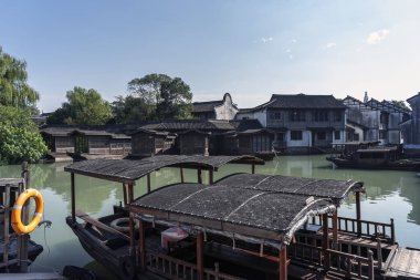 Wuzhen, Çin 'deki sokak manzarasına yakın çekim