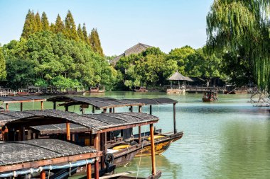 Wuzhen, Çin 'deki sokak manzarasına yakın çekim