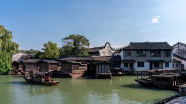 Wuzhen, Çin 'deki sokak manzarasına yakın çekim