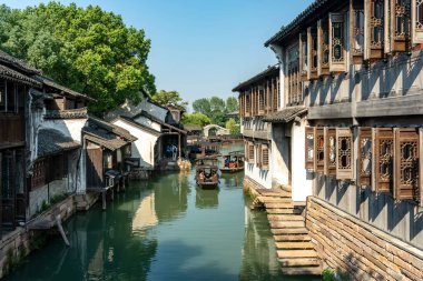 Wuzhen, Çin 'deki sokak manzarasına yakın çekim