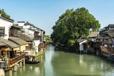 Wuzhen, Çin 'deki sokak manzarasına yakın çekim