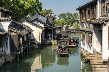 Wuzhen, Çin 'deki sokak manzarasına yakın çekim