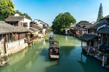 Wuzhen, Çin 'deki sokak manzarasına yakın çekim