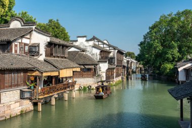 Wuzhen, Çin 'deki sokak manzarasına yakın çekim