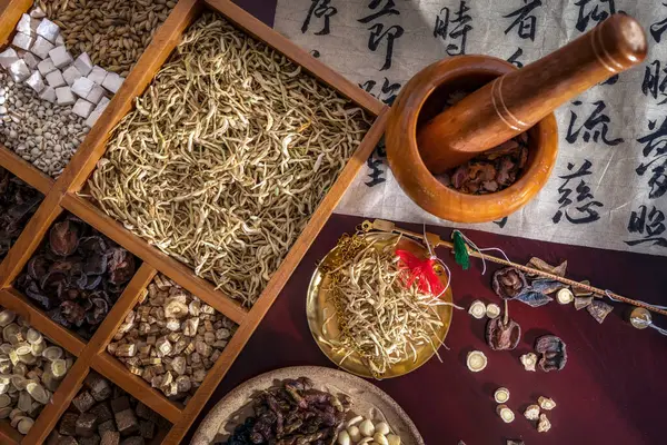 stock image Chinese herbal medicine and flower tea on wooden