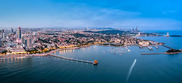 stock image Aerial photography of Qingdao coastline bay area scenery night s