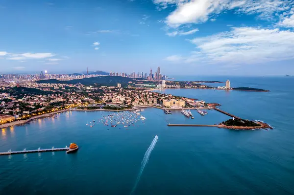 stock image Aerial photography of Qingdao coastline bay area scenery night s