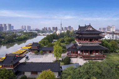 Çin Taizhou şehir binalarının gökyüzü fotoğrafı